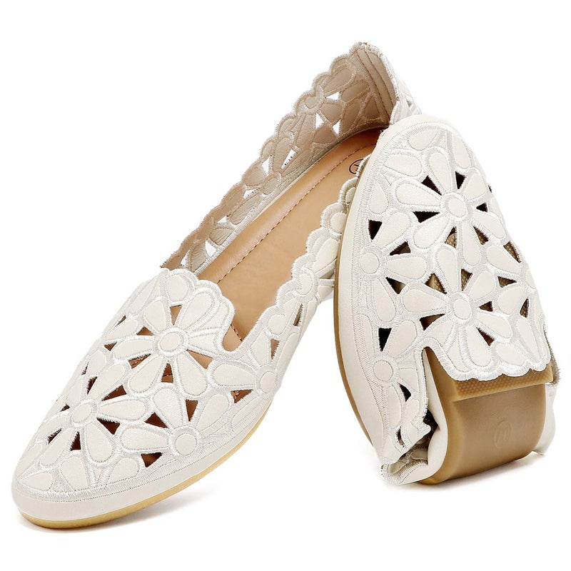 HEAWISH Women's Floral Ballet Flats for Women Black Beige Slip On Flowers PU Leather Round Toe Dress Shoes(Beige,US9) - Image 1